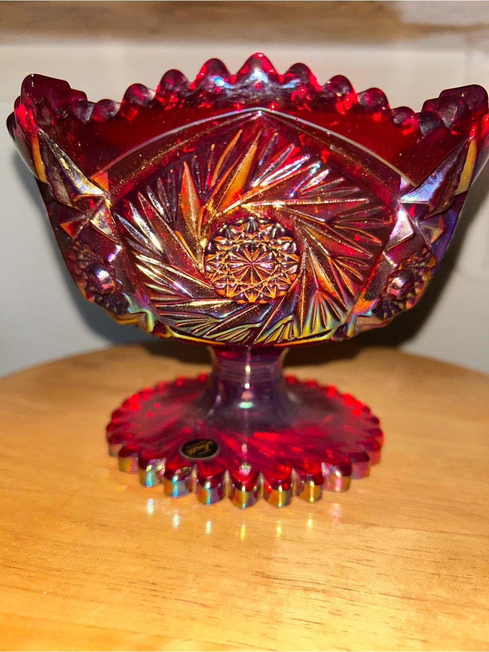 LE Smith Aztec Pinwheels Red Iridescent Carnival Glass Compote Glows W/Sticker